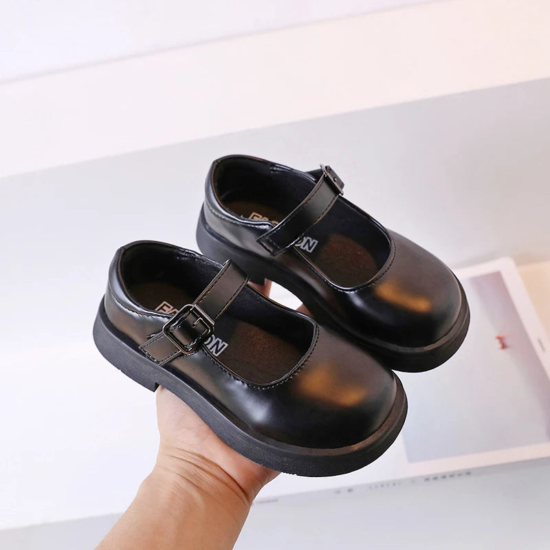 2024 New Girls Leather Shoes Versatile Buckle Black Children Casual School Shoes PU Non-slip Kids Fashion Loafers Korean Style