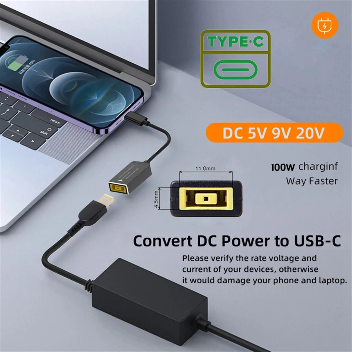 PD100W for Lenovo DC Square Jack to USB Type-C Converter Charging Cable Compatible with for Lenovo Laptop Charger