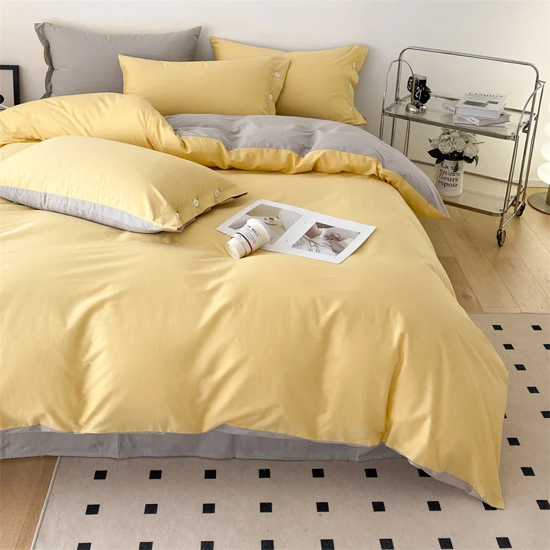 100% Cotton High-Quality Bedding Set,Solid Color Duvet Cover with Zipper, Pillow Sham with Button, Flat Sheet,Bed Set