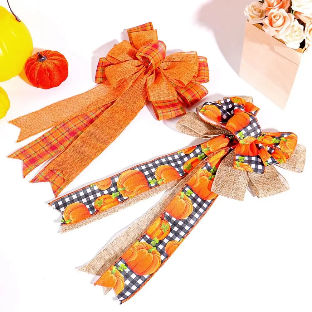 Striped Bow Fall Wreath Bow Rustic Cloth Thanksgiving Pumpkin Bow DIY Handmade Ribbon Bowknot Decorations Harvest Festival