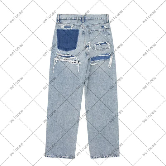 Women's Fashion Jeans Solid Colour Loose Trousers Gradient Colour Casual Streetwear Pant Broken Holes Decorated Jeans