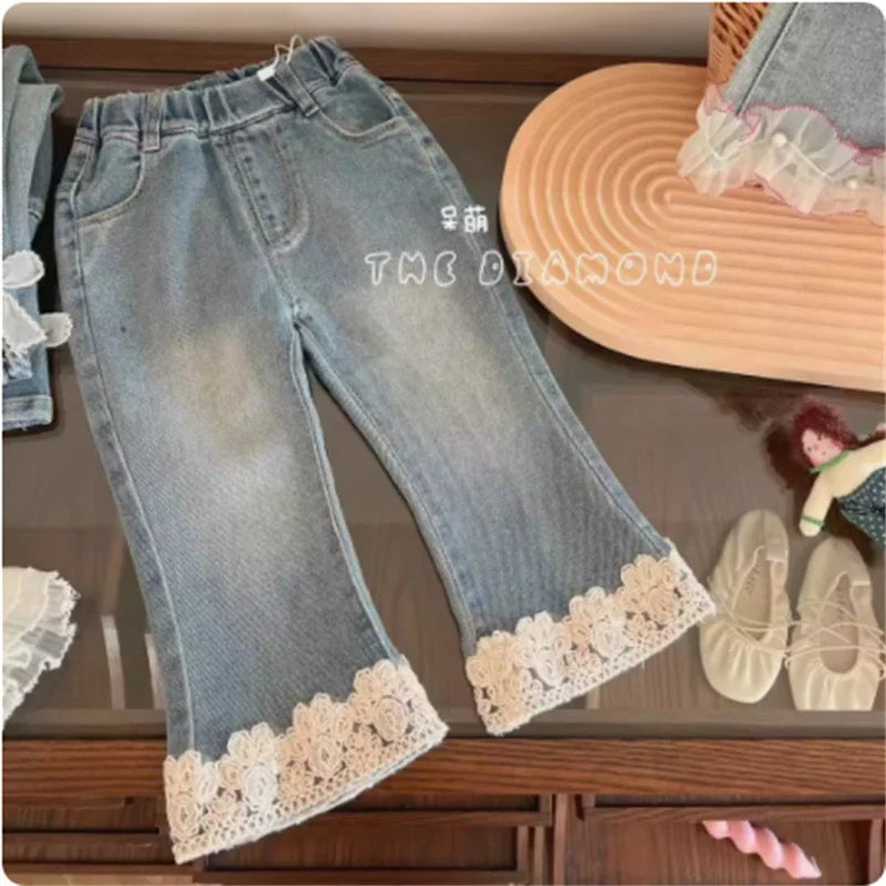 Girls Jean Pants Long Trousers Cotton 2024 Floral Spring Autumn Teenagers Baby's Kids Pants High QualityTeenagers Children's Clo