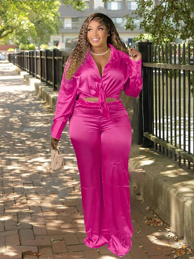 Two Piece Sets Womens Outifits Ladies Long Sleeve Shirt Satin Suit Pants Plus Size Casual Set Wholesale Bulk Dropshipping