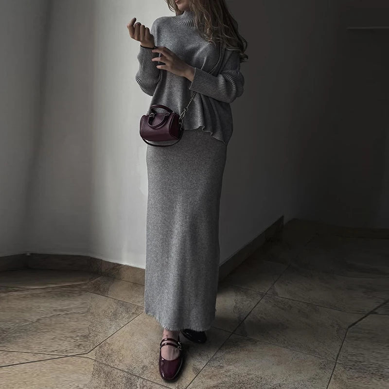 Casual O-neck Long Sleeved Sweater + Skirt Suits Vintage Commuting Slim Outfit 2024 Autumn Winter Knitted Women's Two Piece Sets