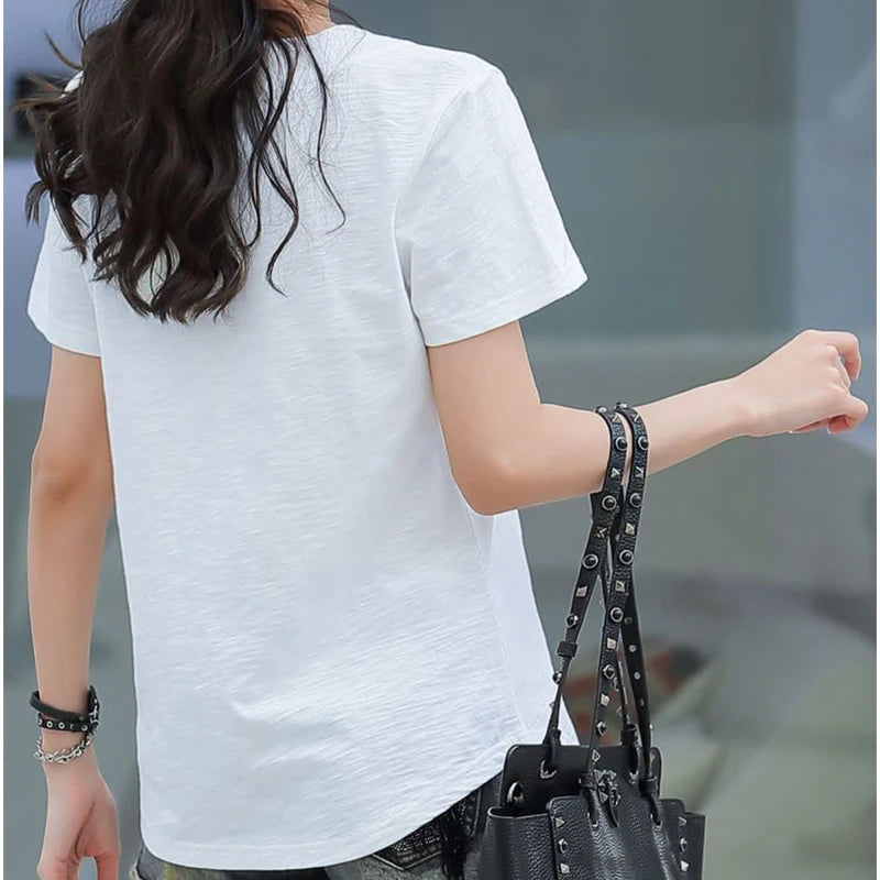 Women's T-shir Short Sleeve Loose New Summer Cotton Blouse V-neck Versatile Solid Color Short Sleeve Fashion Casual Tops