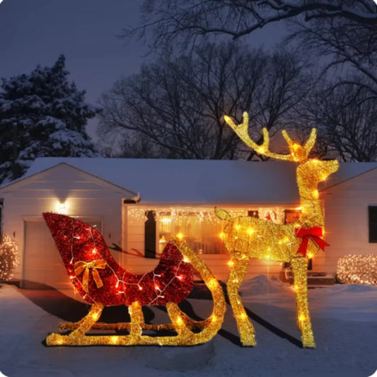 Lighted Christmas Reindeer and Sleigh Outdoor Yard Decoration Set with Lights Stakes Holiday Decorations