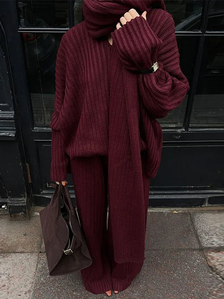 Women Scarf Knitted Sweater Sets Lazy Oversize Full Sleeve Shawl Pullover Long Pants 2024 Autumn New Casual Lady Commuter Suits