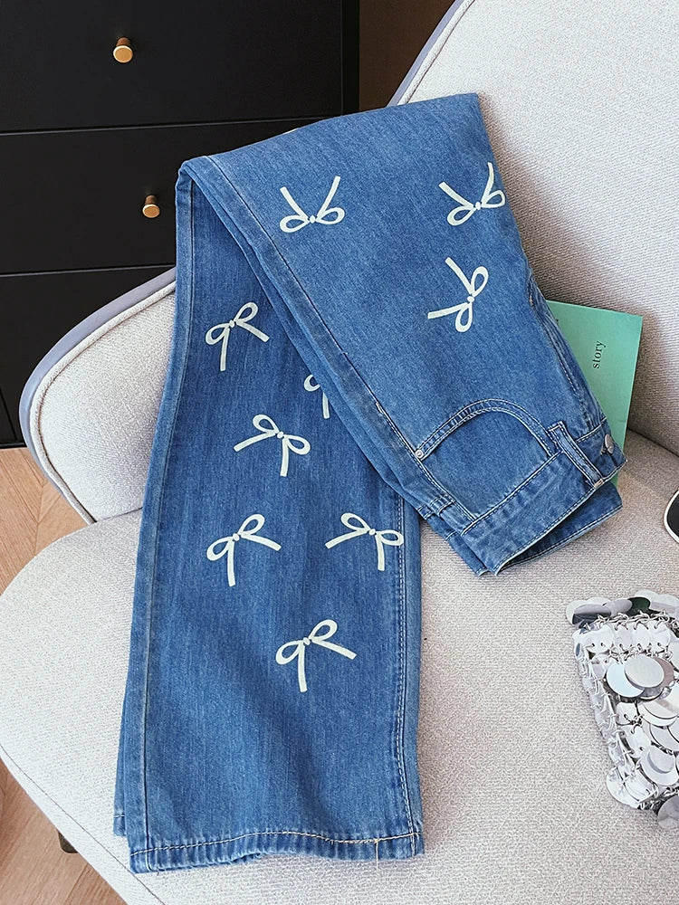 Vintage Women's Bowknot Print Y2K Fashion Wide Leg High Waist Denim Pants Boyfriend Jeans Loose Fit Vintage Jeans for Teen Girls