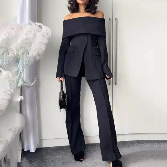 Autumn Office Women's Two Piece Set Simple Off Shoulder Long Sleeve Solid Color Suit Top Loose Pants Suit Street Wear