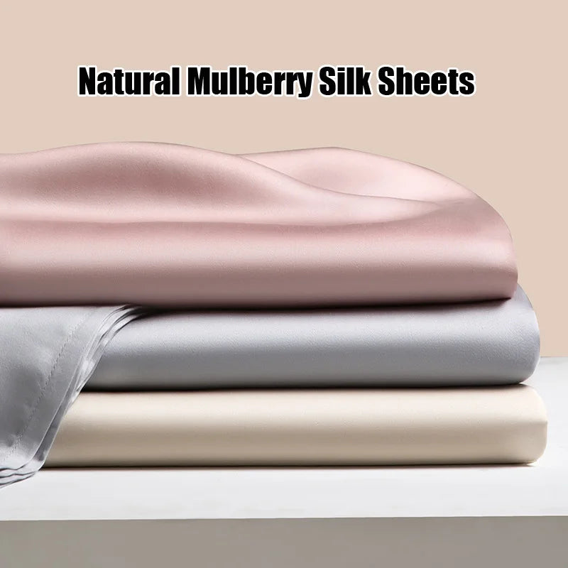 1PC Natural Mulberry Silk Flat Sheet Solid Color Bed Sheet High End Soft Smooth Bed Linen Single Double Queen King Size Bedding