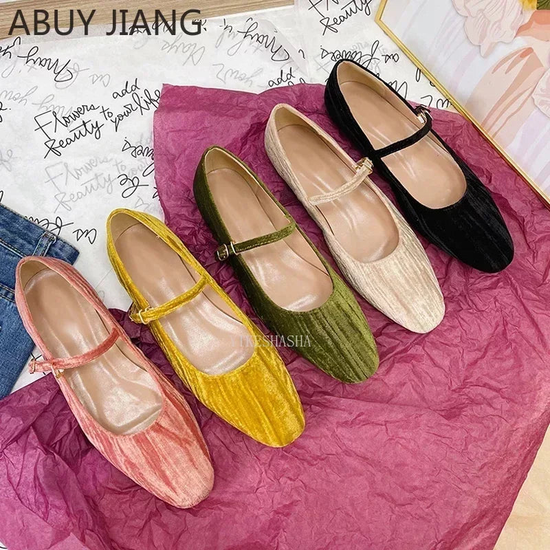 2024 Women Shoes Luxury Velvet Ballet Shoes Women Square Toe Flat Mary Janes Ladies Fashion Buckle Strap Velour Shallow Loafers