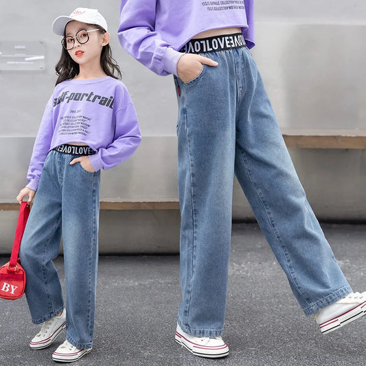 Teen Girls Jeans Spring Autumn Children Trousers 2024 New Letter Elastic Waist Girls Denim Wide Leg Pants 5-14Yrs Kids Clothes