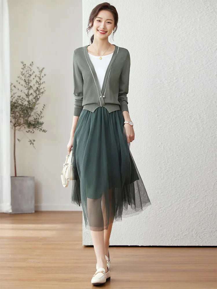 Vimly Chic Elegant Autumn Sweater Two Piece Skirt Sets Women 2023 Long Sleeve Knitted Tops Gauze Midi Skirt Suit Women's Outfits