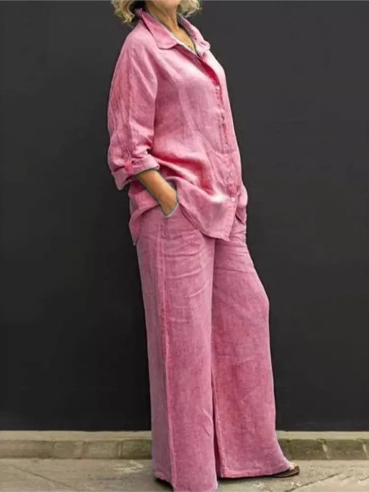 Solid Color Cotton Linen Shirt 2 Piece Set For Women Spring Autumn Long Sleeve Blouse Wide Leg Pants Suits Female Casual Outfits