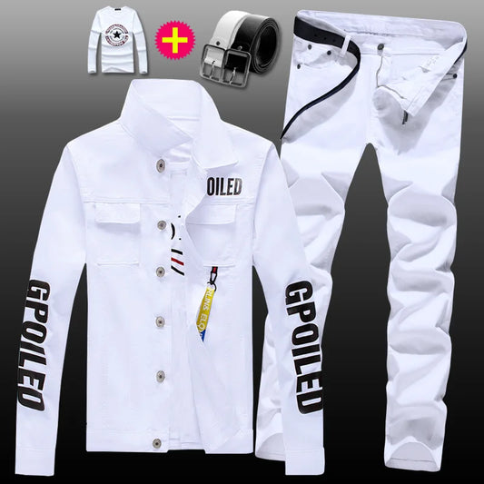 New Mens Denim Jacket Jeans Pants Slim Fit 2pcs Set Boys Casual Letters Printed Coat Trousers with Pendant Candy Color