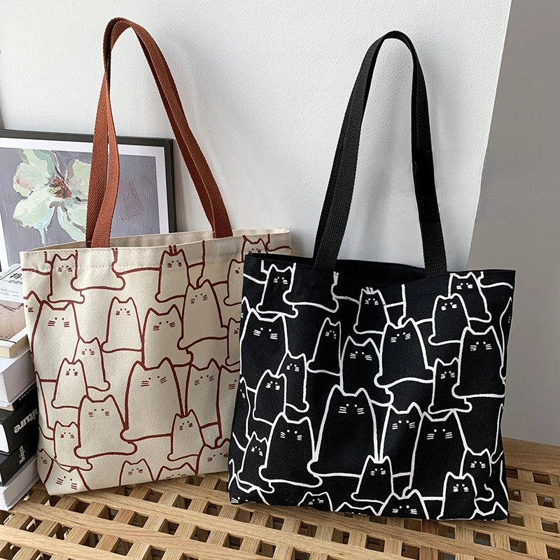 Fashion Canvas Handbag for Women Large Capacity Cute Cat Print Casual Tote with Zipper Ladies Cartoon Shoulder Bag Shopper Bags