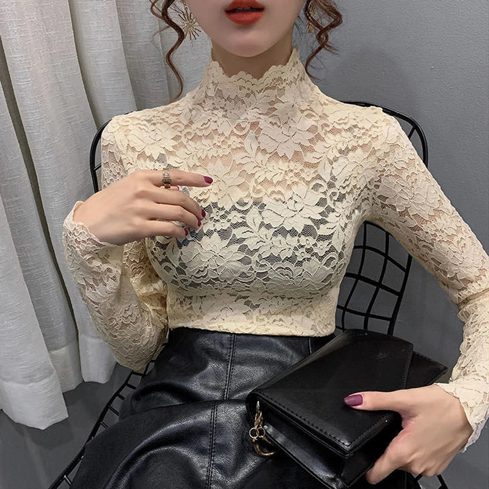 New Flower Lace Elastic T Shirt Women Turtleneck Petal Sleeve Blouse Office Ladies Stretch Tee Female Bottoming Blouses Tops