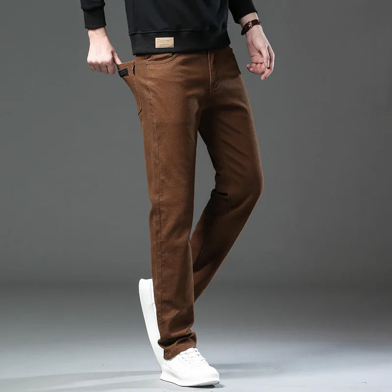 New Classic Style Autumn Men's Slim Jeans High Quality Business Casual Stretch Denim Pants Brown Black Green Male Brand Trousers