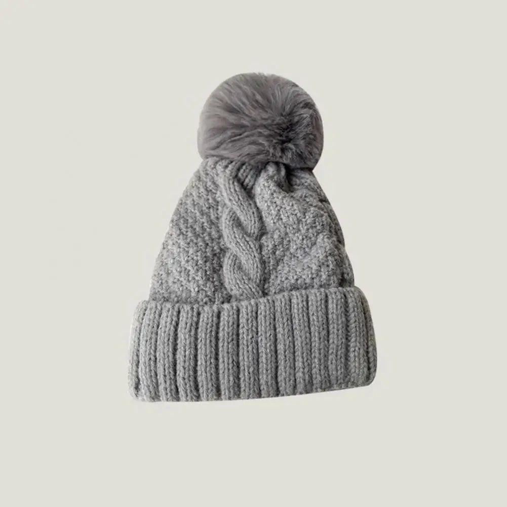 Fall Winter Women Hat Thickened Elastic Knitted Lady Beanie Twisted Pattern Ear Protection Plush Ball Decor Outdoor Cap