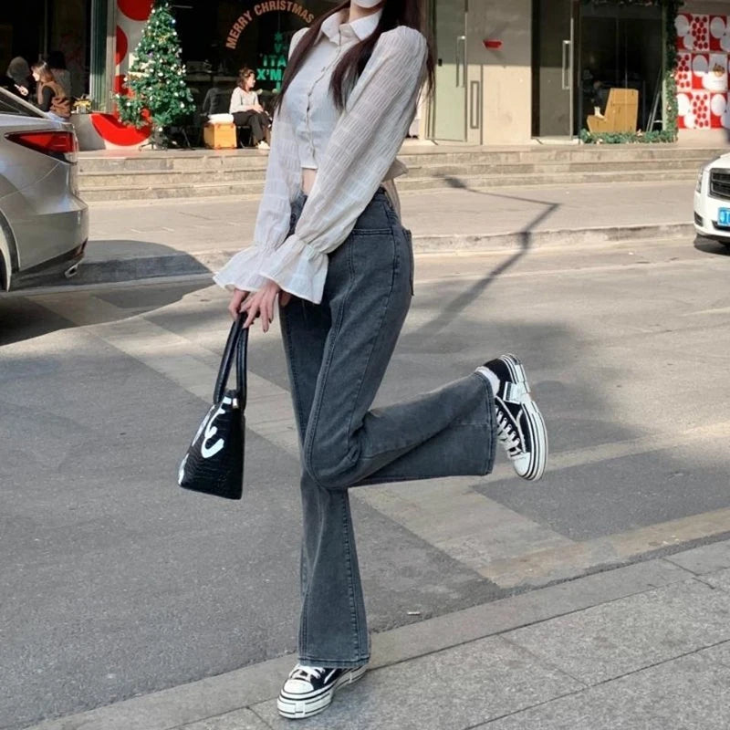 Vintage High Waist Flare Jeans High Street Women Boot Cut Denim Pant Slim Loose Korean Casual Button Up Zippers Gray Trousers