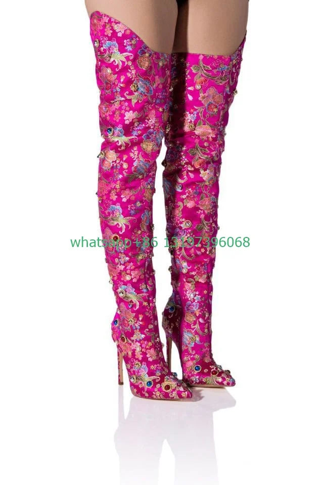 Lady color rhinestone design hand stitched boots sexy pink pointed toe knee boots gold design boots party demand footwear boots