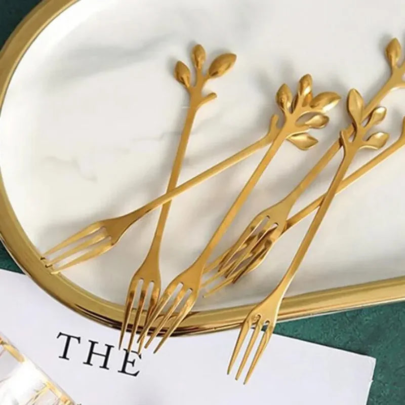 5Pcs Luxury Stainless Steel Fruit Fork Gold Color Leaf Shape Flatware Coffee Stirring Snack Cake Dessert Fork Kitchen Tableware