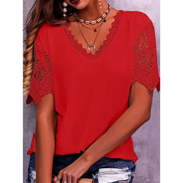 Sexy V Neck Short Sleeve Shirt Blouse Office Lady Spring Summer Fashion Elegant Solid Lace Hollow Out Shirts For Women 2023 Tops