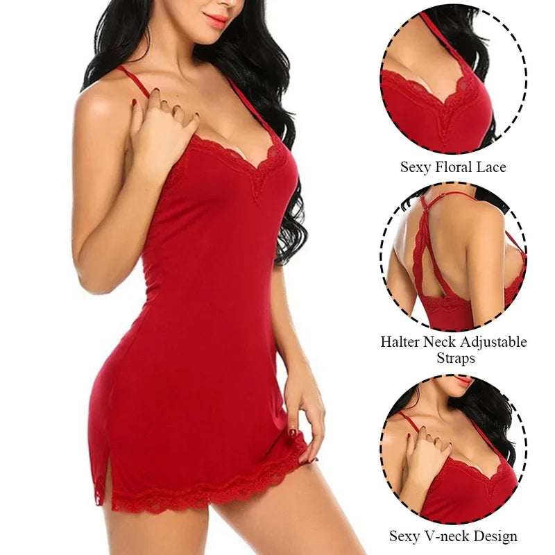 Ladies Sexy Lingerie Dress Sleepwear Fashion Women Silk Satin Nightie Gown Babydoll Lace Mesh Nightwear