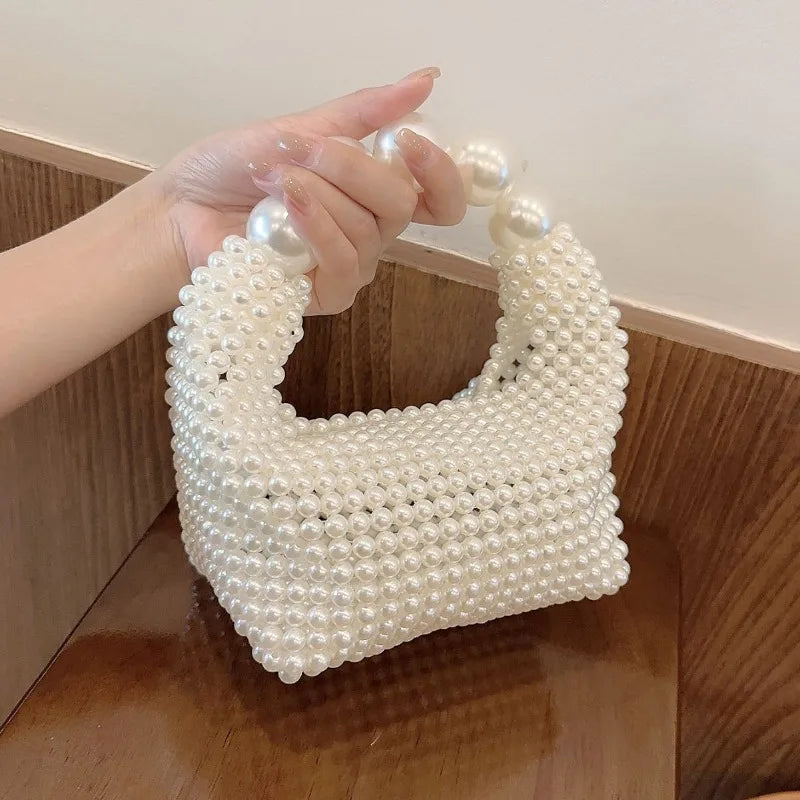 Beaded Woven Tote Bags for Women Pearl Purses and Handbags Ladies Evening Party Hand Bags Holiday Purse