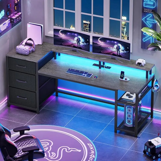 59" Office Desk with Drawers, Reversible Computer Desk with File Drawers & Storage, Gaming Desk with LED Lights & Power Outlet