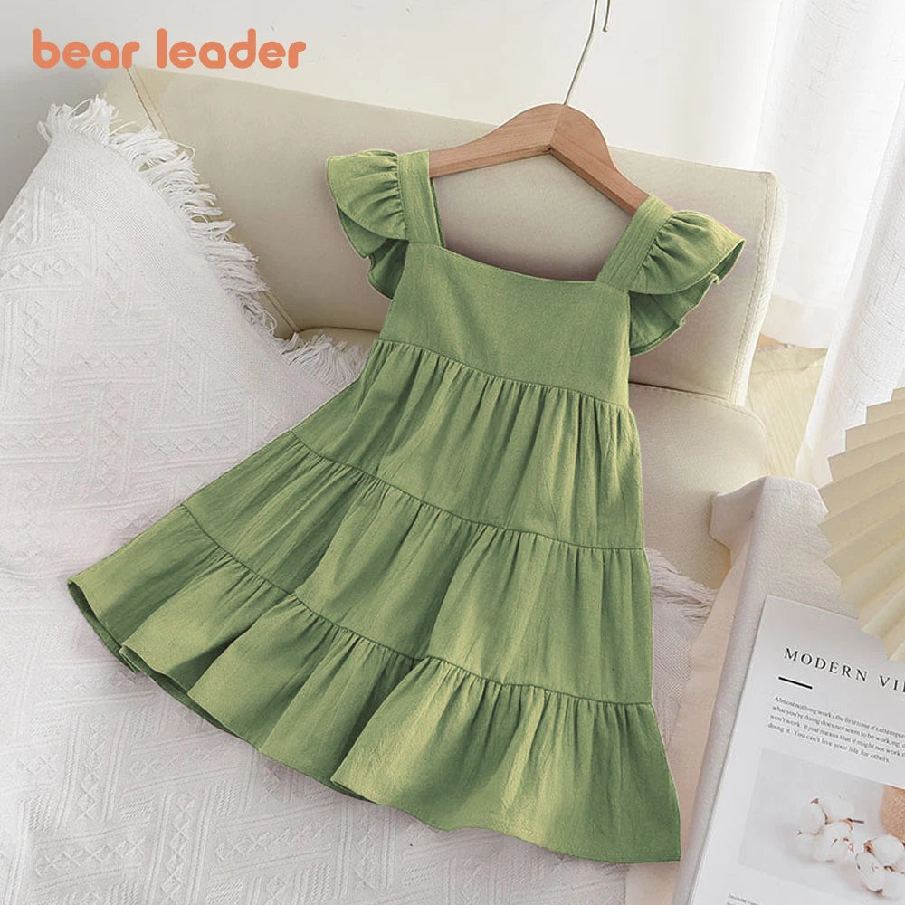 Bear Leader Girls' Dress 2023 Summer New Casual Girls' Sleeveless Ruffle Dress Princess Dress Cute Solid Color Fashion Dress