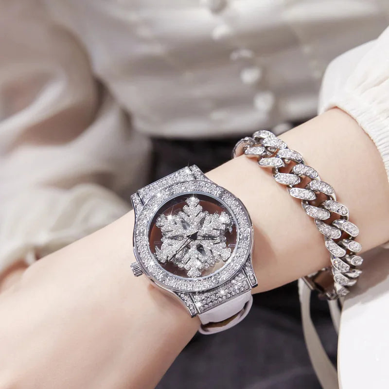 UTHAI L58 Watch For Women Light Luxury Leather Strap 360 Degrees Rotary Snowflake Hollow Diamond Ladies Watches Waterproof Clock