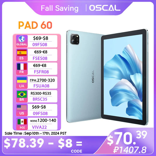 Oscal Pad 60 Tablet 10.1'' HD+ Display 3GB RAM 64GB ROM 6580mAh Battery Android 12 Dual Box Speaker Wifi Tablets PC