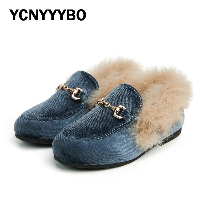 Winter Kids Fur Princess Shoes Baby Girls Velvet Brand Flats Children Slip On Shoes Toddler Fashion Dress Loafers Boys Moccasin