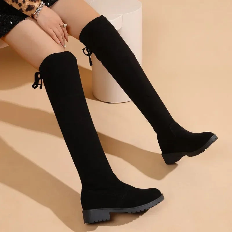 2024 Plus Size Shoes Female Knee-High Women's Boots Concise Modern Boots Women Round Toe Med Heel Back Lace-up Shoes Women