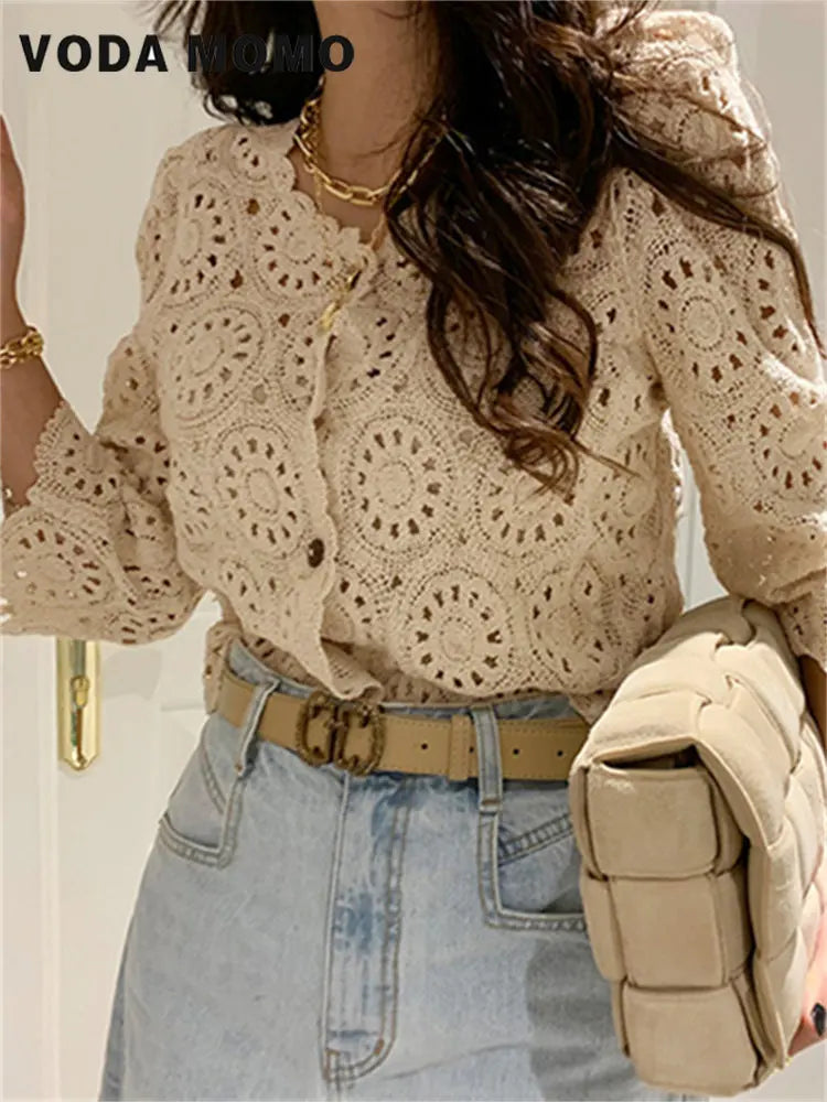 Spring New Lace Sweet Korean Lady Chic Blouses Sweet Tops Hollow Out Full Sleeves Hook Flowers Stylish Cardigans Vintage Women