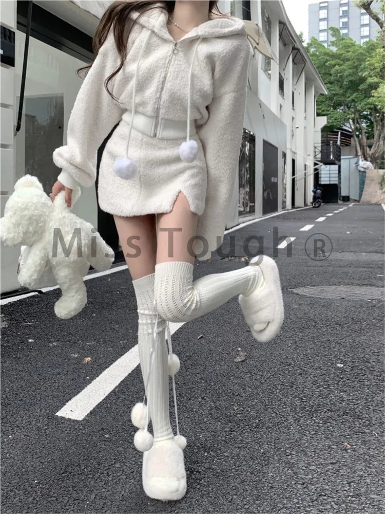 Elegant Solid Two Piece Skirt Sets Women Zipper Hoodies Jacket + Split Mini Skirt Suit Autumn Winter Sexy Korean Style Outfits