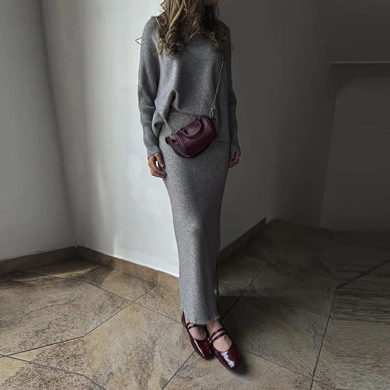 Casual O-neck Long Sleeved Sweater + Skirt Suits Vintage Commuting Slim Outfit 2024 Autumn Winter Knitted Women's Two Piece Sets