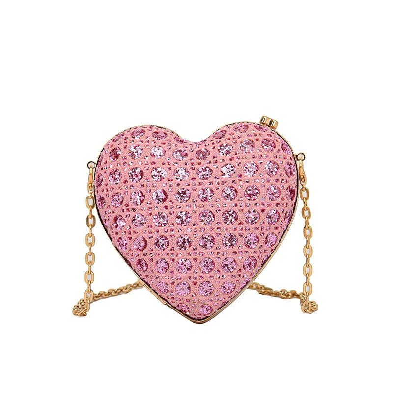 Shiny Rhinestones Women Heart Shape Clutch Purse Lady Gold Evening Minaudiere Bags Bridal Wedding Handbags Formal Party Purses