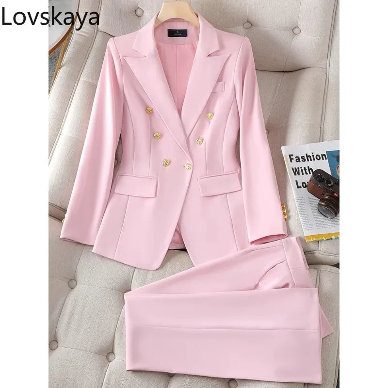 Button Decoration Formal Jacket Blazer and Trouser 2 Piece Set Fashion Pink Green Black Ladies Work Wear Pant Suit Women