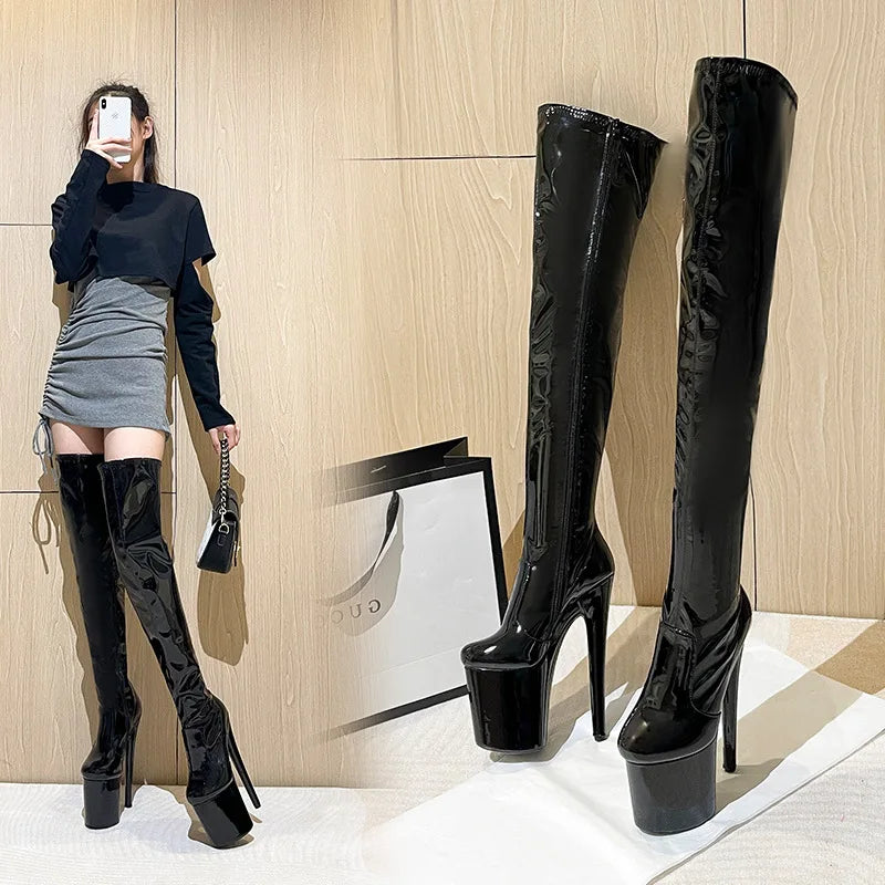 Long Boots Knee-High Boots Ultra High Heel 20CM Women Shoes Round Head Sexy Boots Thin Heel Pipe Dance Shoes Fashion Platform