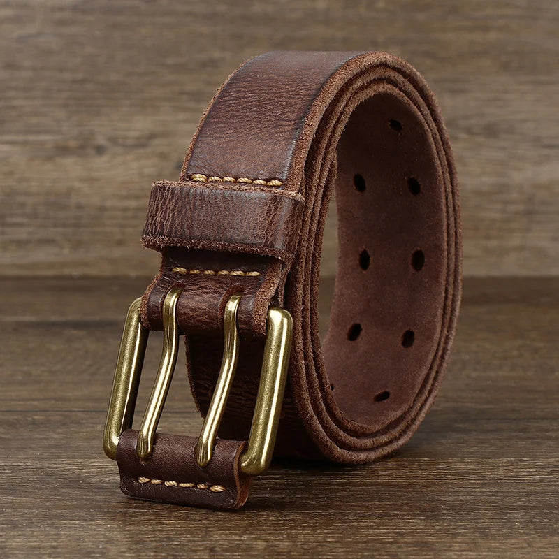 Belt For Men Leather Work Heavy Duty Double Buckles Dlawed Genuine Leather 3.8cm Male Copper Buckle Retro Brown  Men's Belt