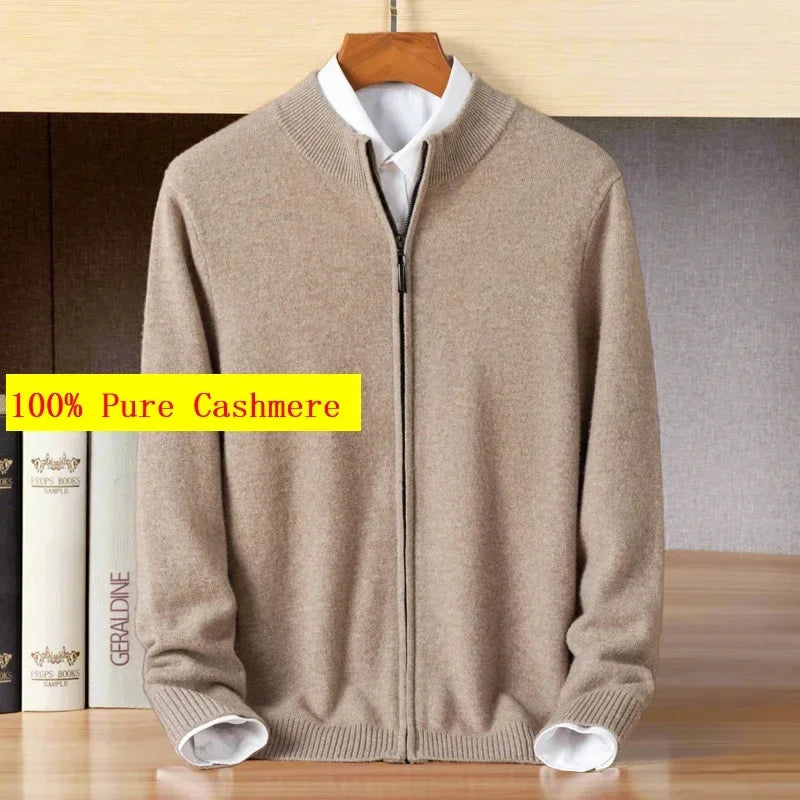 New Arrival 100%Cashmere High quality Men's Long Zipper Cardigan Simple Solid Color Knitted Sweater Jacket Size S MLXL2XL3XL 4XL