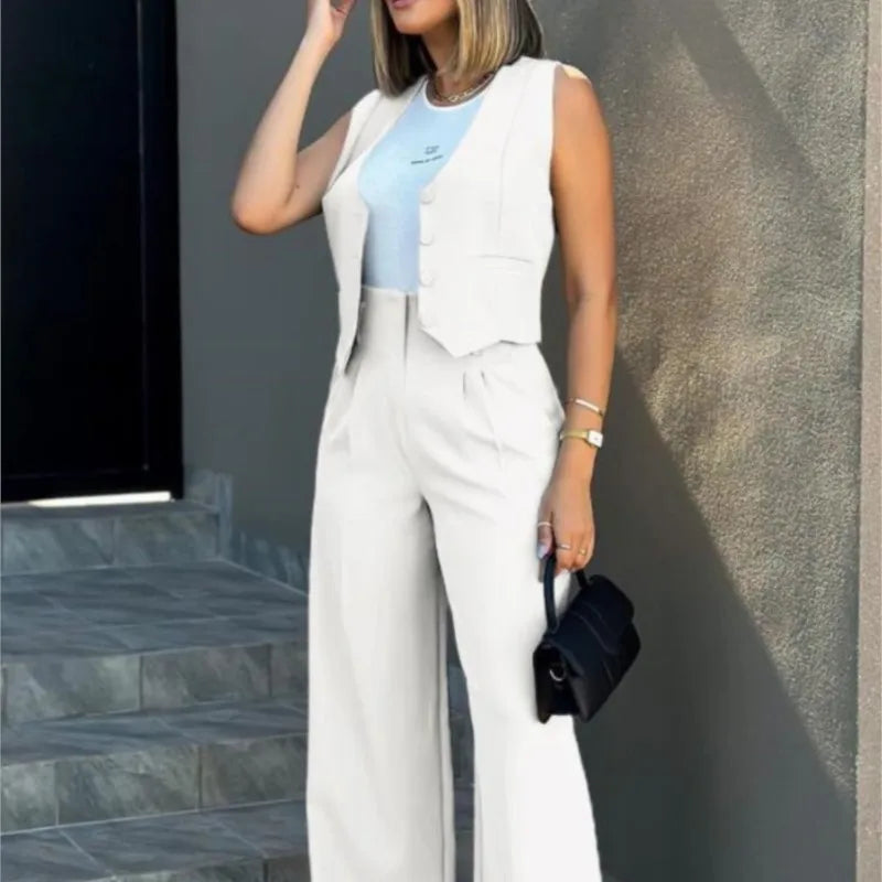 Women Suit Women Vest Elegant Lady Baggy Pants Set Regular Work Pants Set Sleeveless Vest High Waist Wide Leg Pants 2 Piece Sets