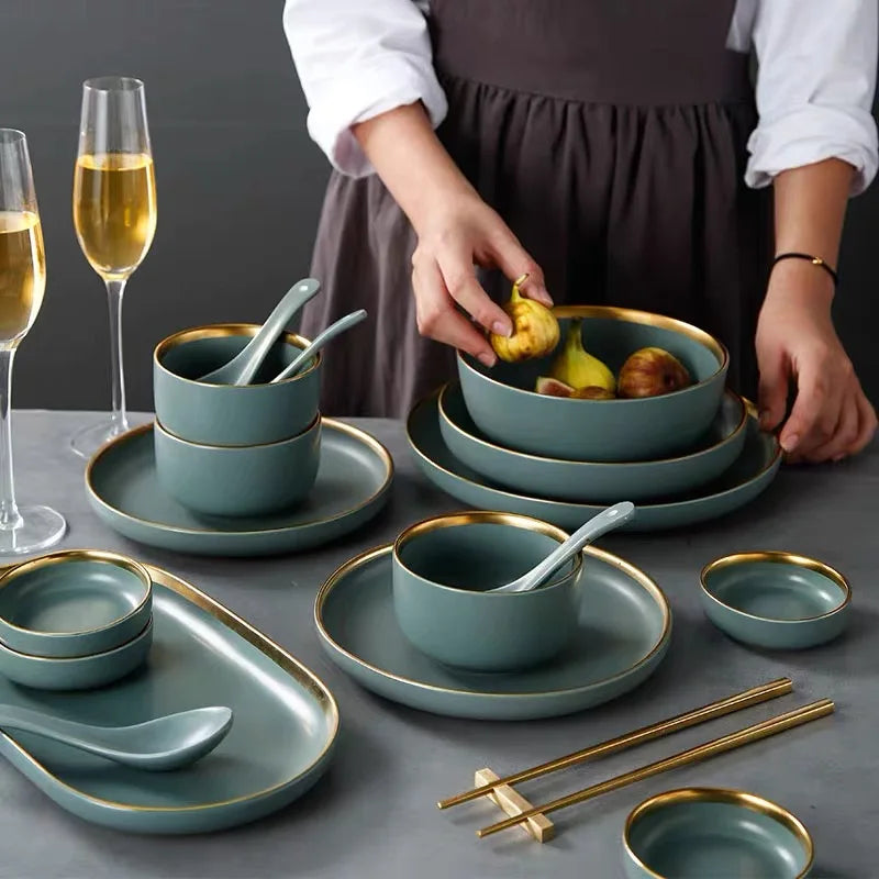 Ceramic Tableware Set Grey-green Tableware Dinner Dessert Steak Plate Cereals Bowl Plates and Bowls Set for Home Restaurant Gift