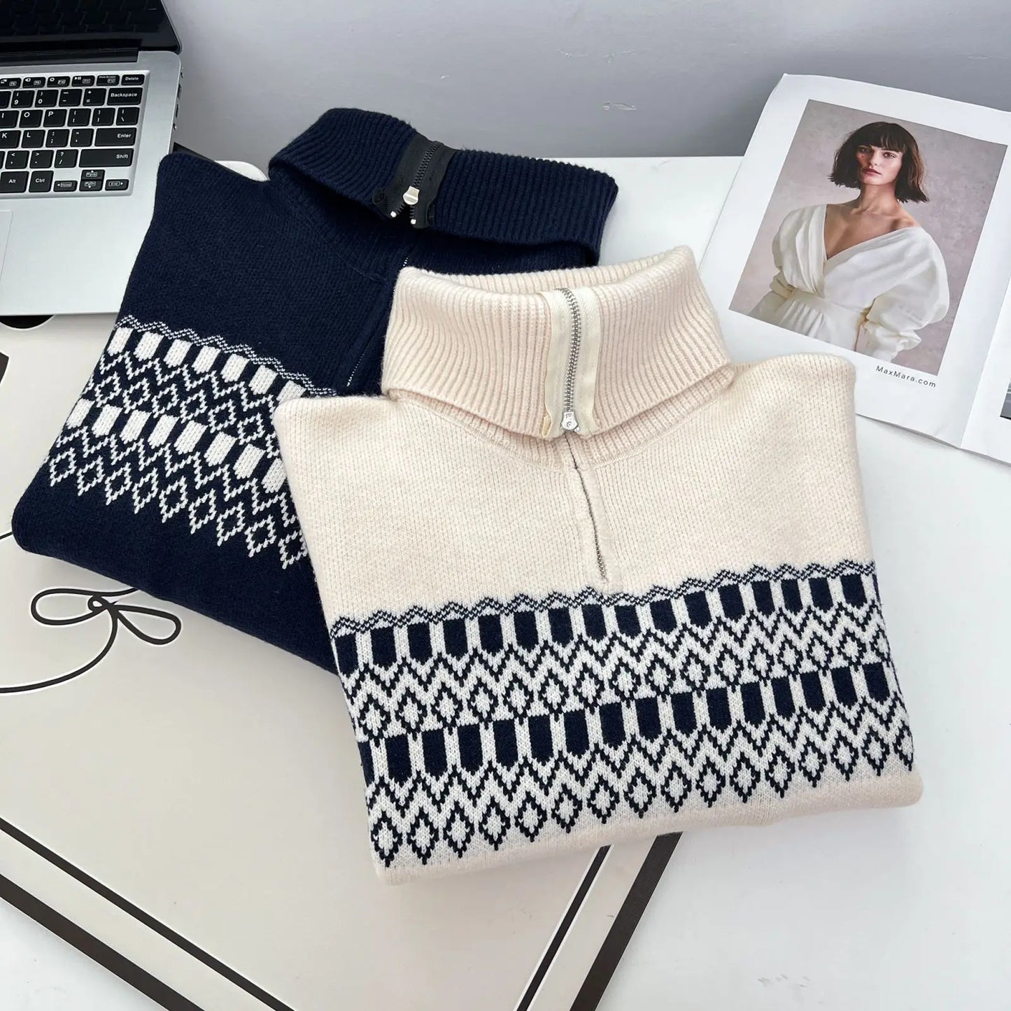 Stylish Contrast Color Jacquard Turtleneck Sweater Women Autumn Winter 2023 Plus Size Thermal Pullover Jumpers