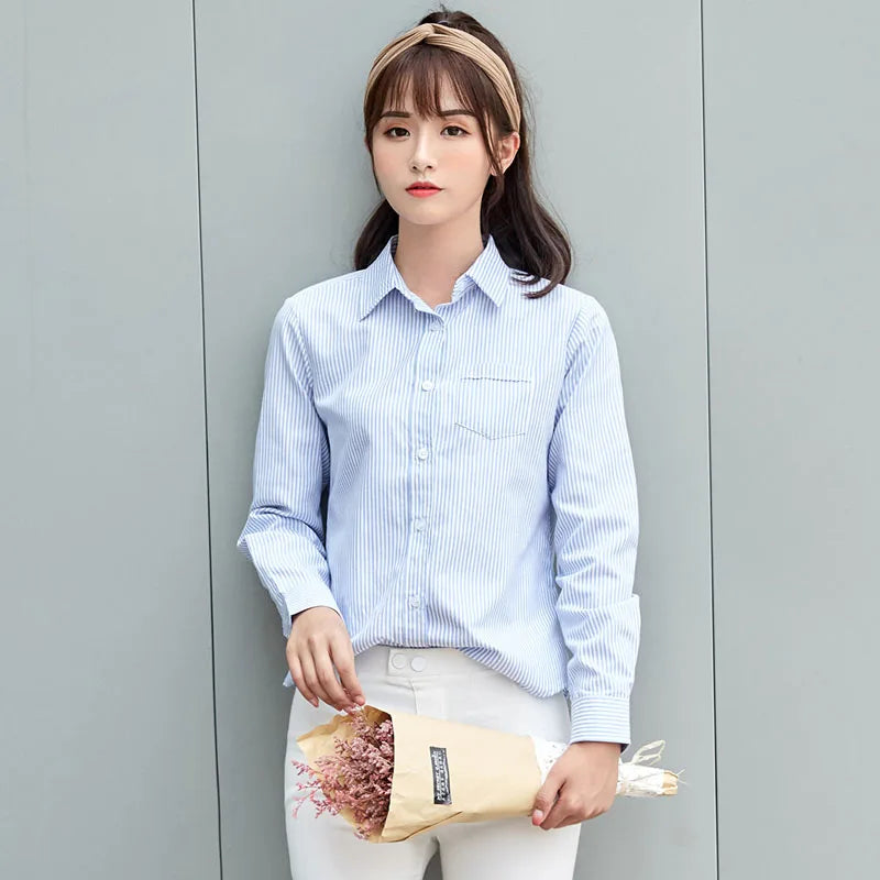 White Blue Pink Striped Shirt Women 2024 Spring New Simple Casual Long Sleeves Blouses and Tops Office Fashion Ladies Clothes