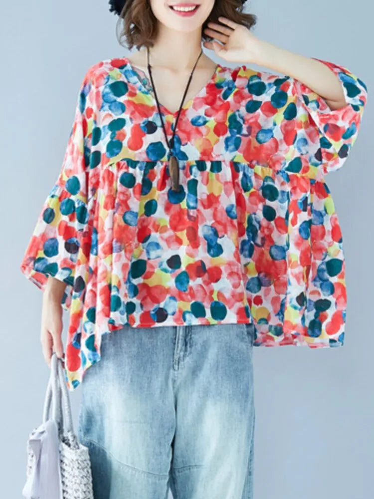 Oversized Summer Flower Print Pullover T-Shirt Tops Women Ruffle Modis Irregular Pleated Ladies Cropped Blouses Loose Woman Tops