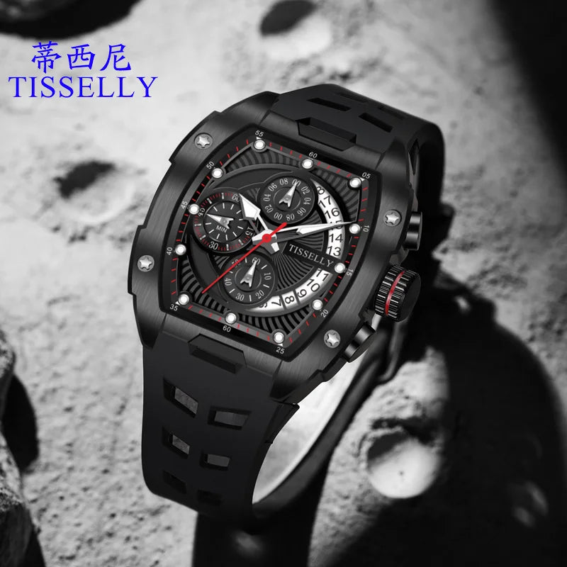 Trend Tonneau Men Watch Quartz Movement Sport Design Waterproof High Quality ChronographClock Date Luminous