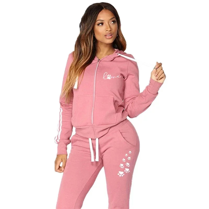 Spring Autumn Women's Casual Stripe Print Zipper Sweater+Sports Pants 2PCS Sets Ladies Sportswear Jogging Suit Outfits